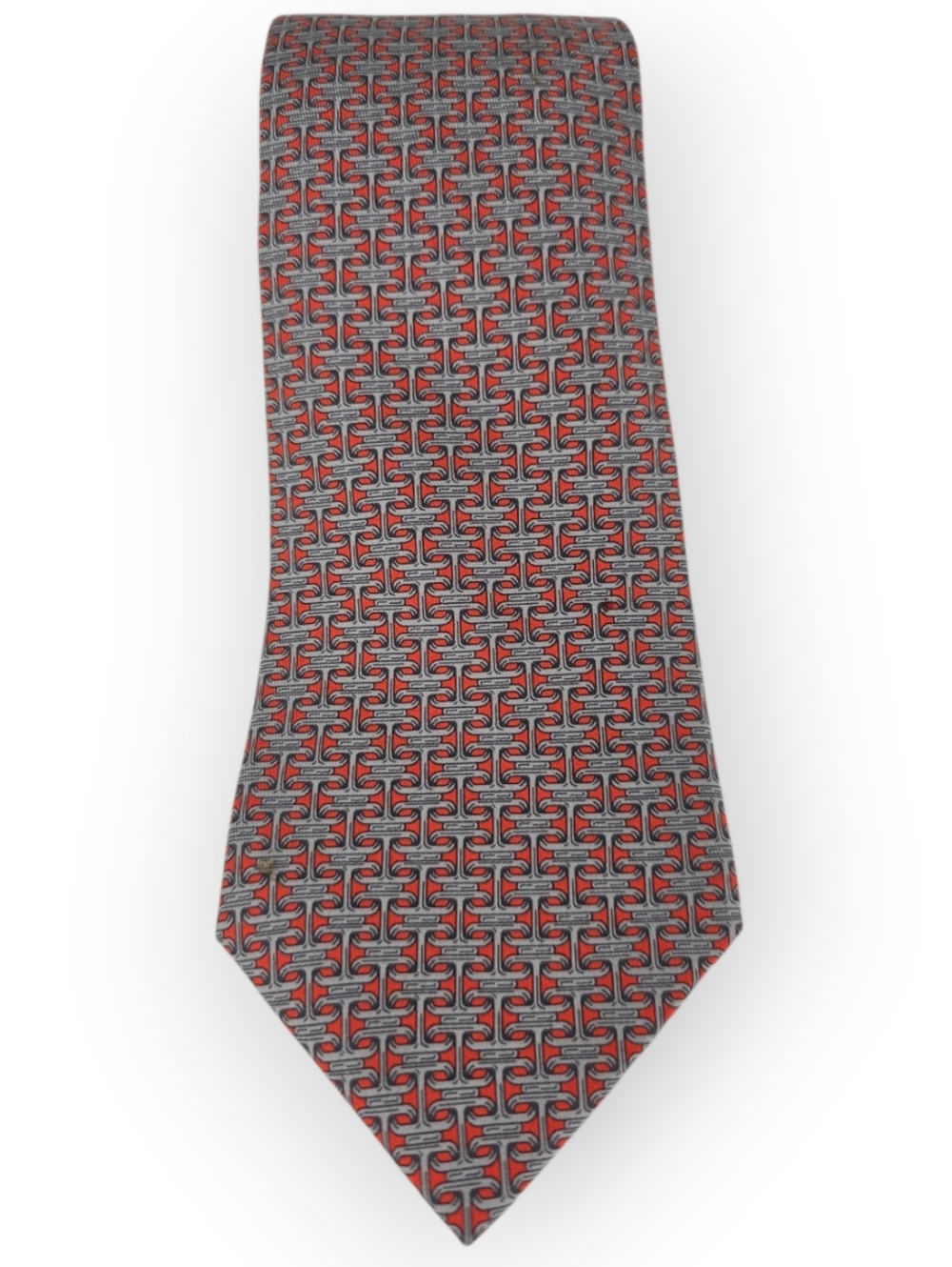 Hermès 100% Silk Necktie Interlocking Buckle Pattern Silver/ Orange Beautiful